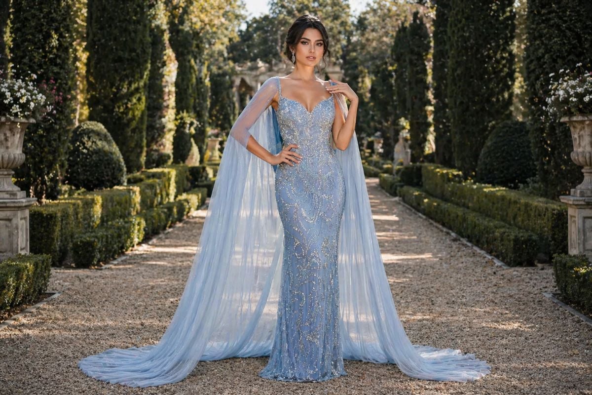 Light blue sequin evening gown with sweetheart neckline and cape