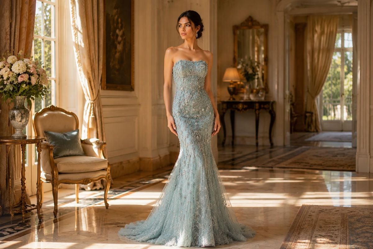 Light blue strapless 3D gown