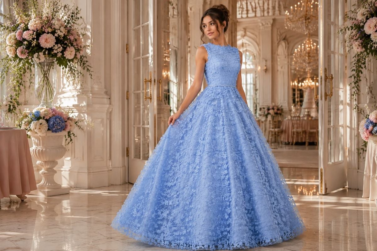Light blue Sweet 16 ball gown editorial look