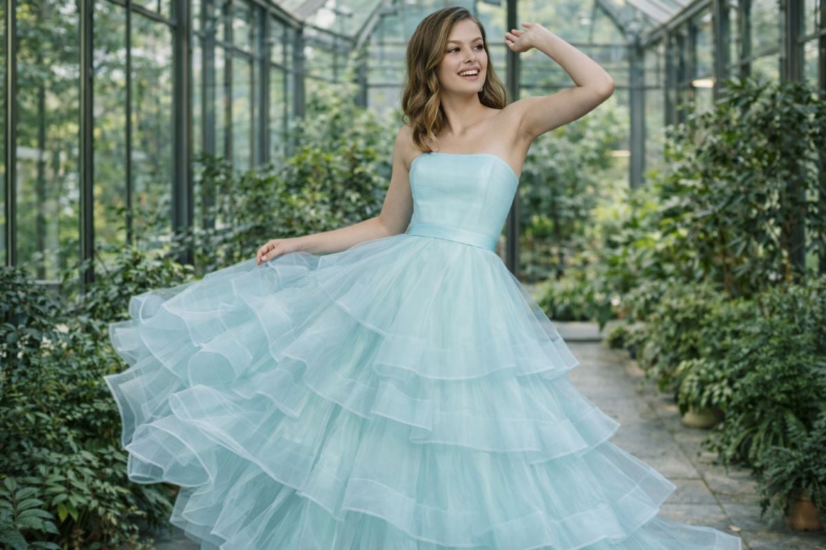 Light blue layered tulle ball gown