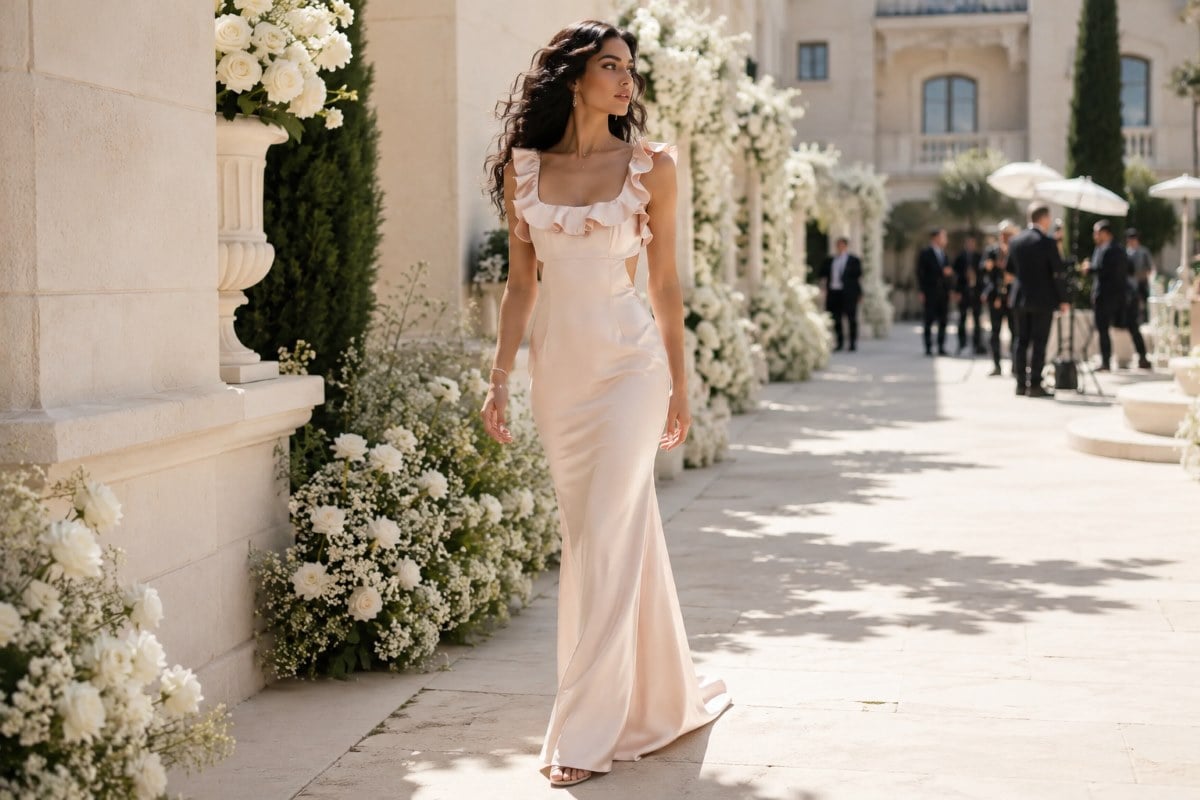 Light champagne wedding guest gown in bright daylight