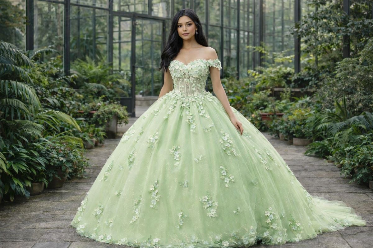 light green quinceanera gown floral appliqué