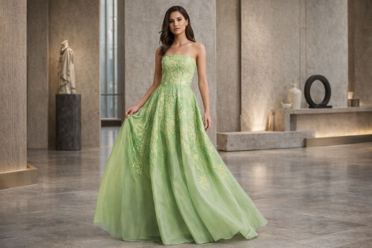 light green textured prom dress strapless A-line fabric detail