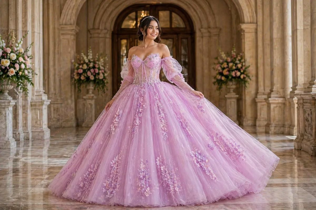 light pink quinceañera ball gown with tulle skirt and floral appliqué