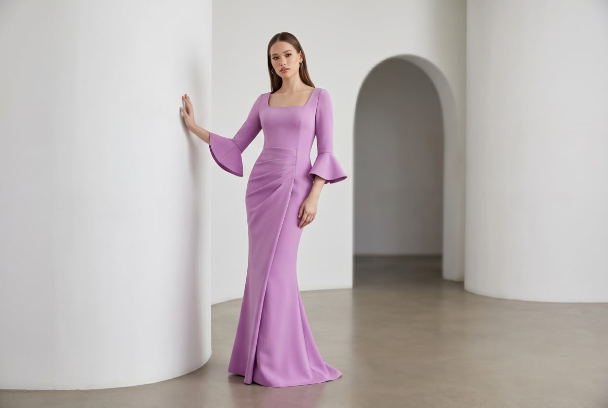 Lilac bell-sleeve minimalist crepe gown