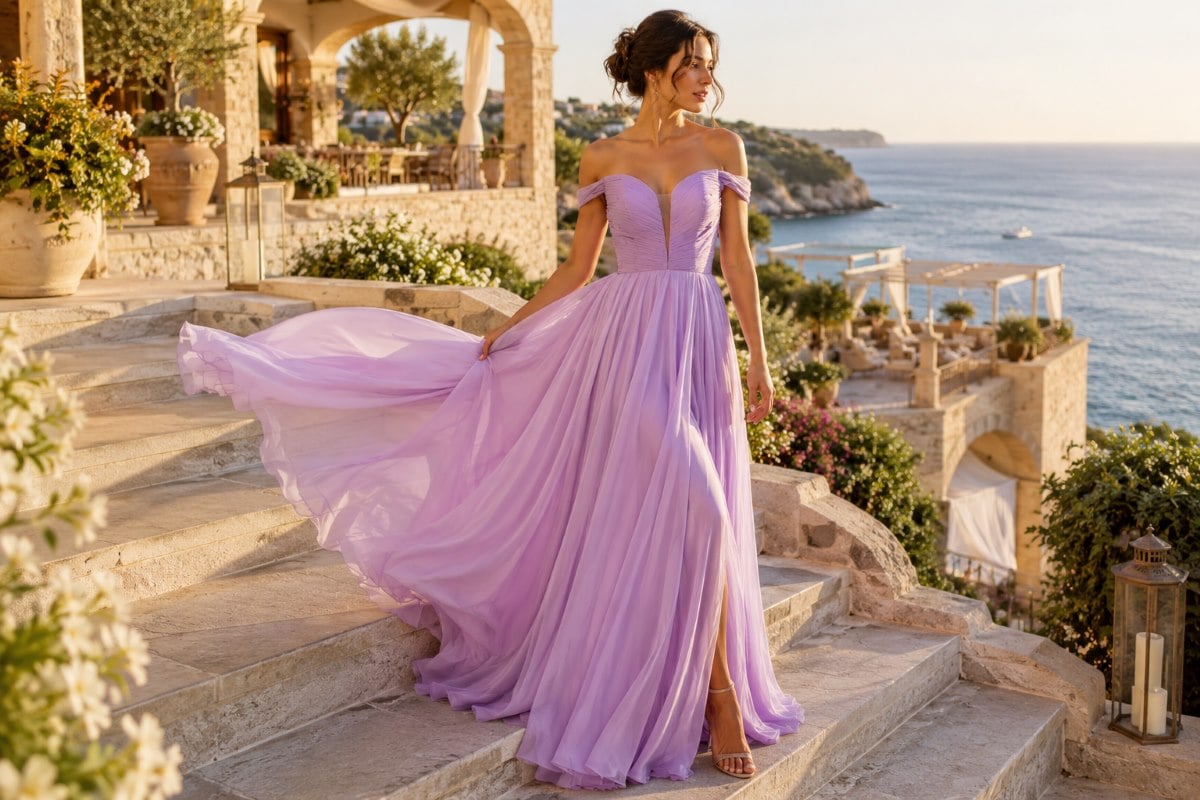 Lilac off-shoulder flowing prom ball gown
