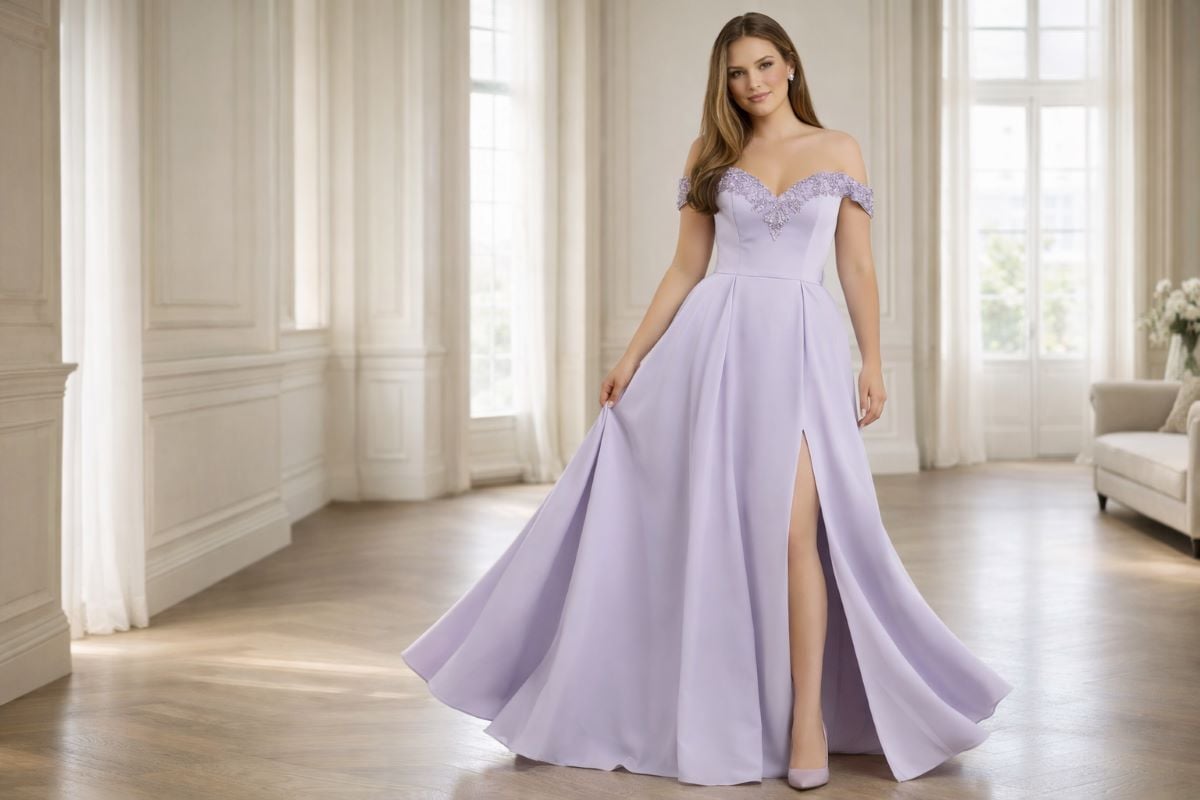Lilac off shoulder plus size formal gown with slit full body