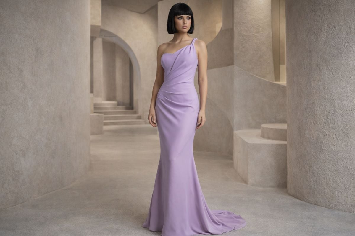 Lilac one-shoulder satin evening gown fitted silhouette
