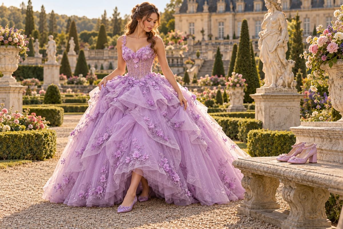 Lilac quinceañera gown with matching shoes