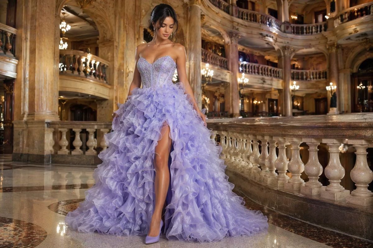 Lilac strapless ruffle ball gown with high slit