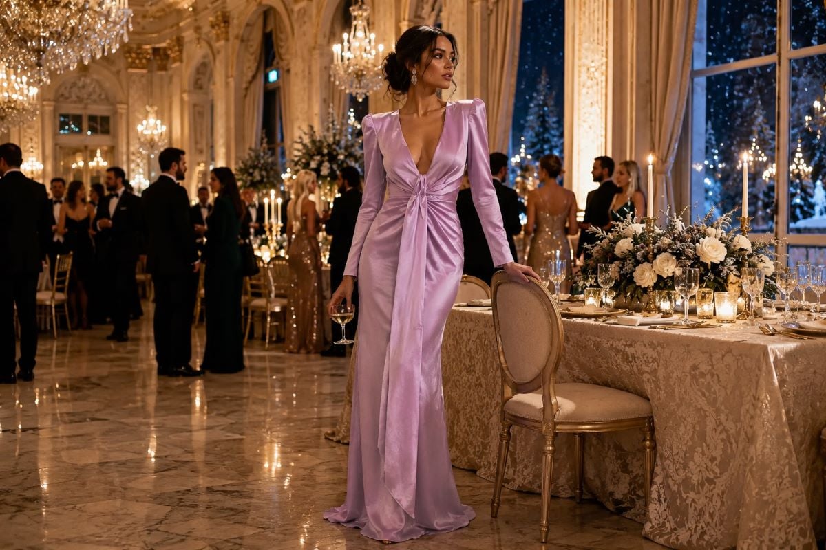 Lilac satin black tie winter gown