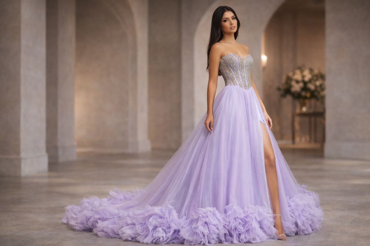Lilac strapless ball gown with beaded bodice and tulle ruffle hem