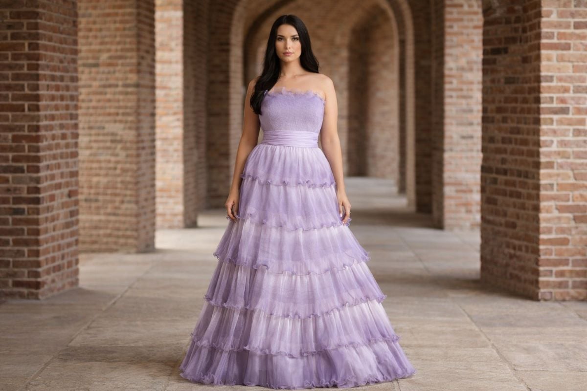 Lilac tiered plus size evening gown full body