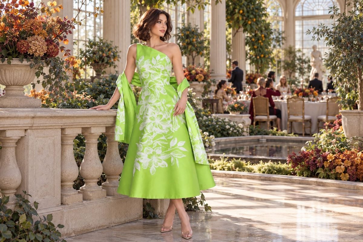 Lime green floral Thanksgiving midi dress