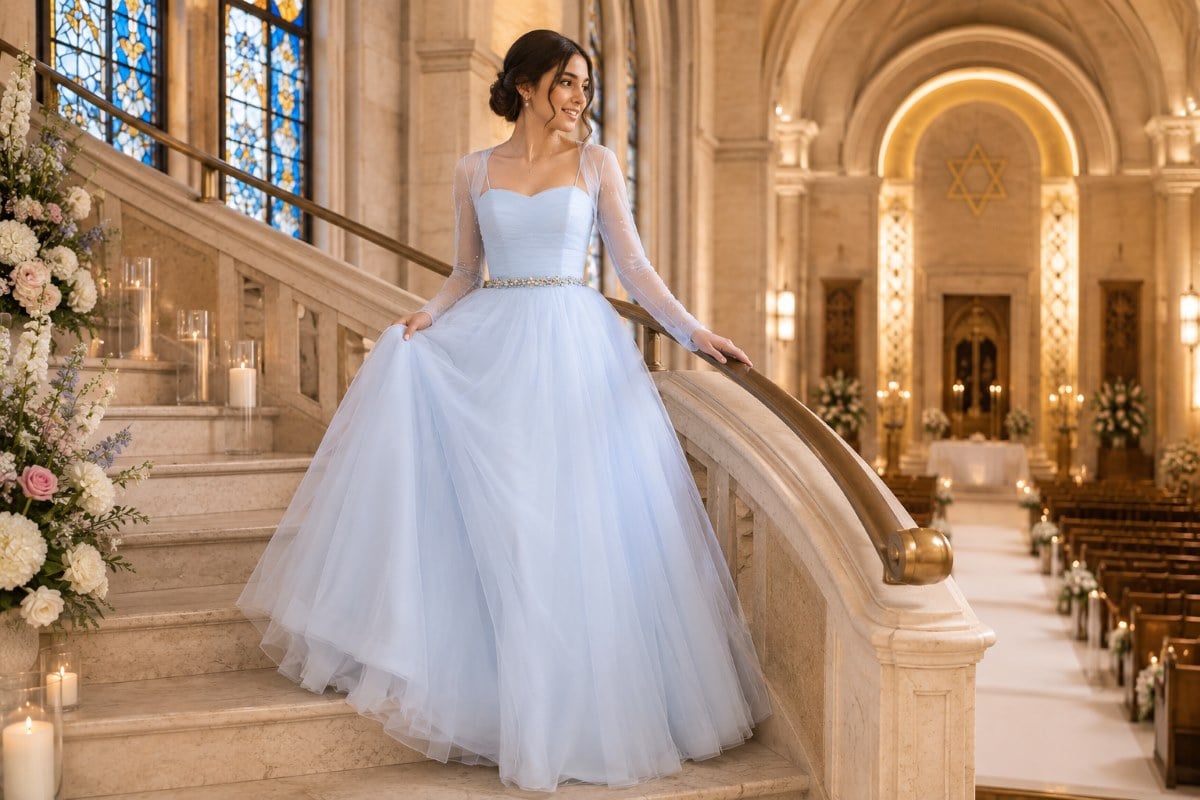 Ice blue long sleeve bat mitzvah gown