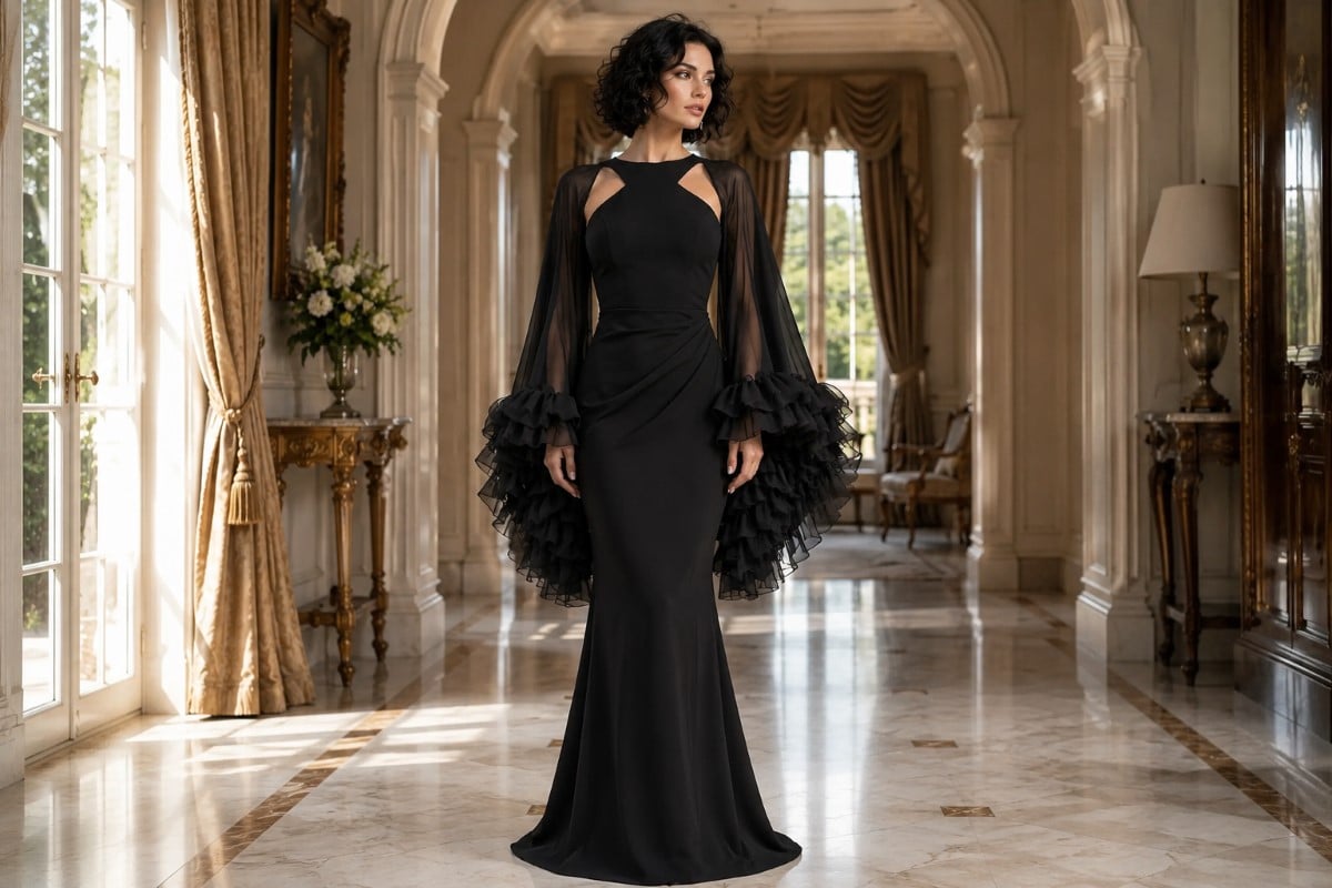 Long sleeve black formal gown with elegant updo