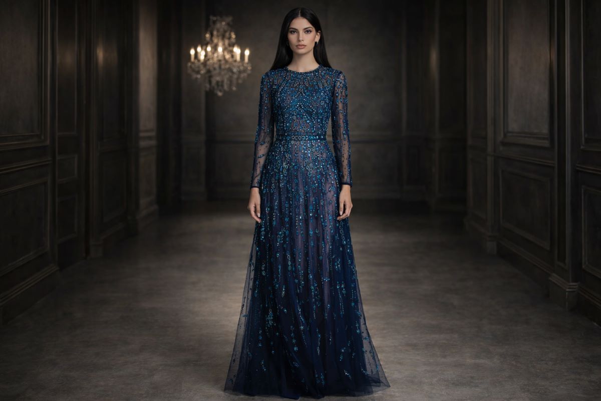 Long sleeve blue beaded evening gown