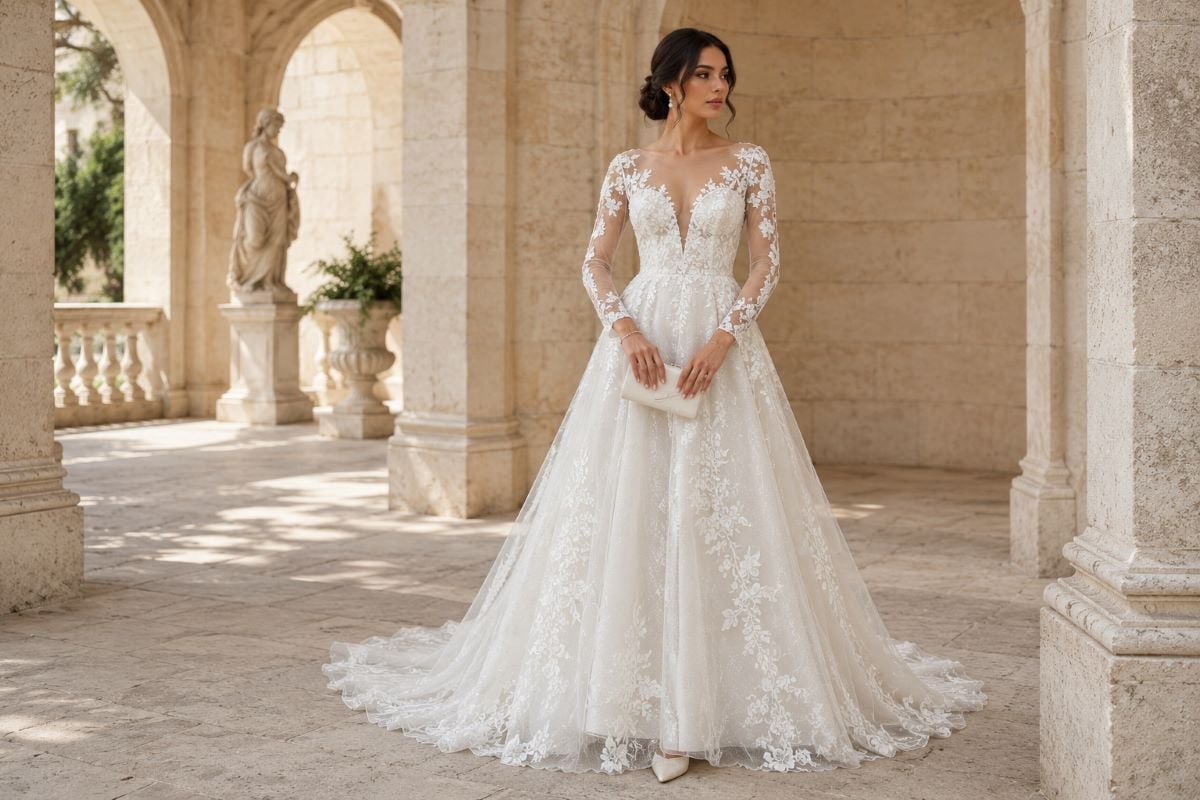 Woman in long sleeve lace couture gown with elegant formal accessories