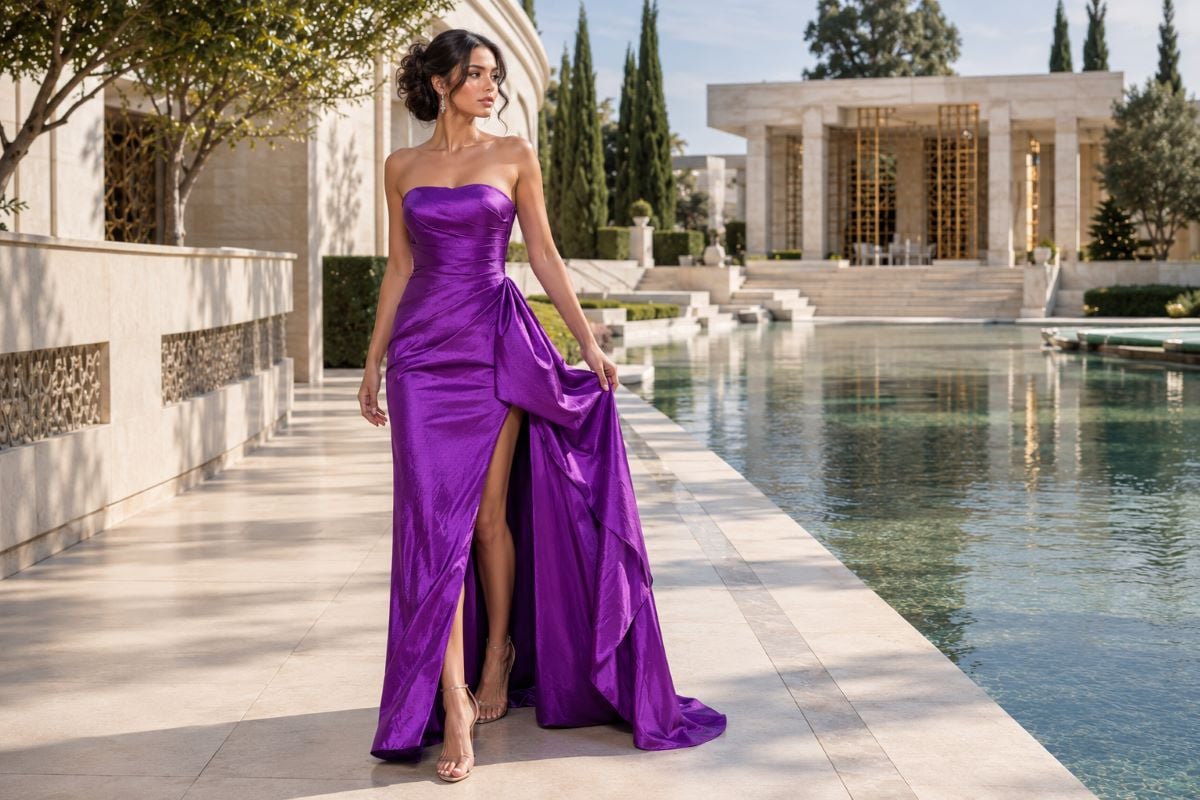 Lustrous purple prom gown fabric movement
