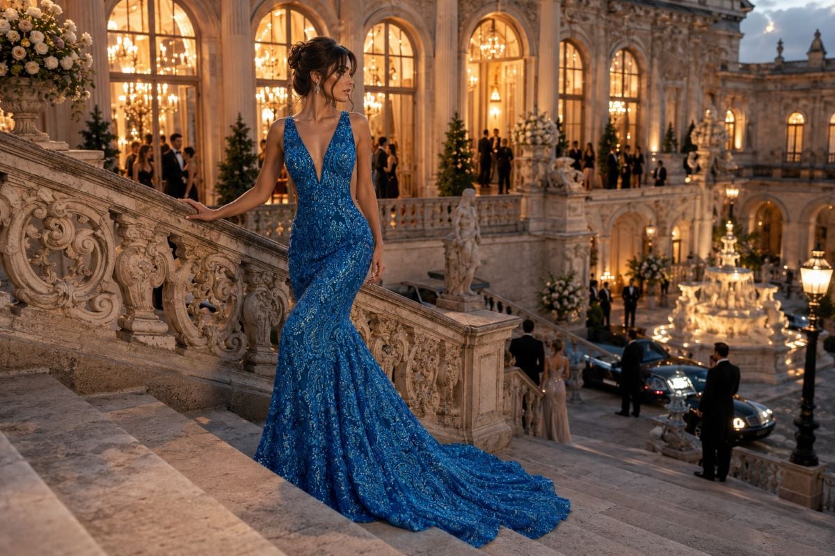 Luxury blue mermaid evening gown editorial