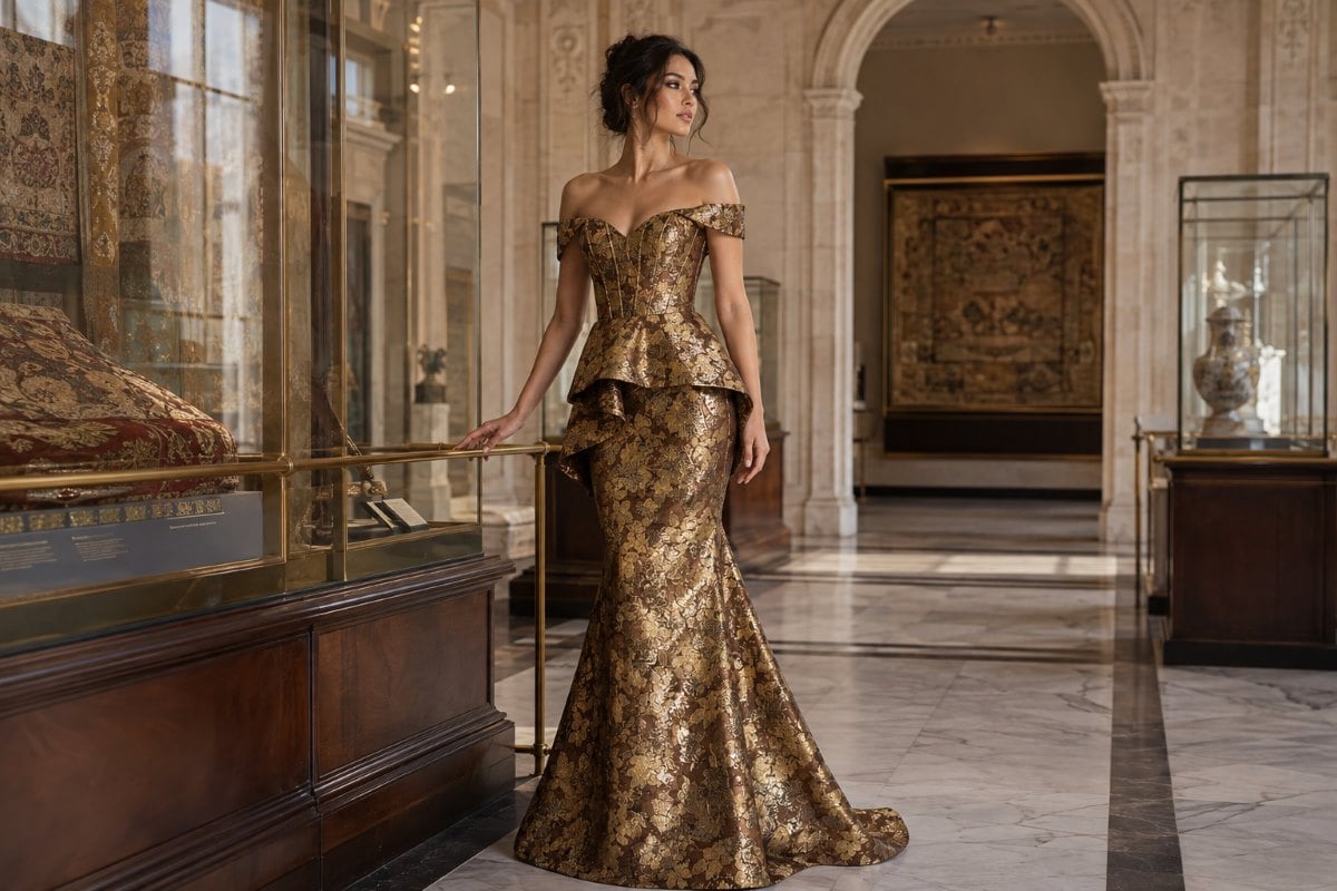 Luxury bronze metallic brocade evening gown