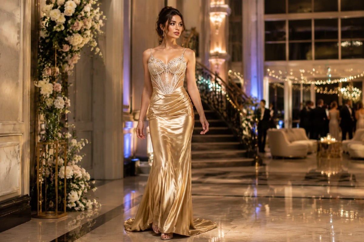 Luxury champagne gold prom gown editorial