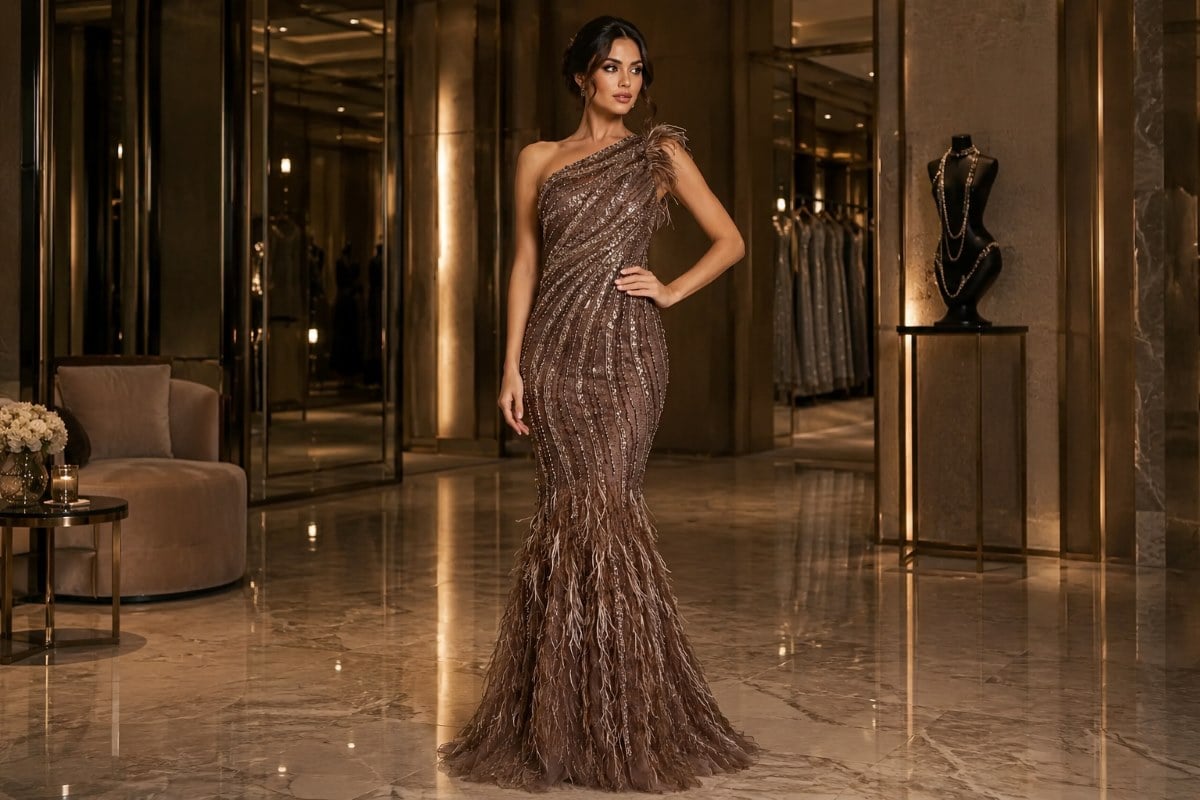 Luxury embellished mermaid gown with feather detailing and couture silhouette