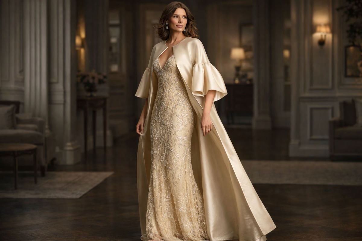 Luxury evening gown with embellished dress and structured cape