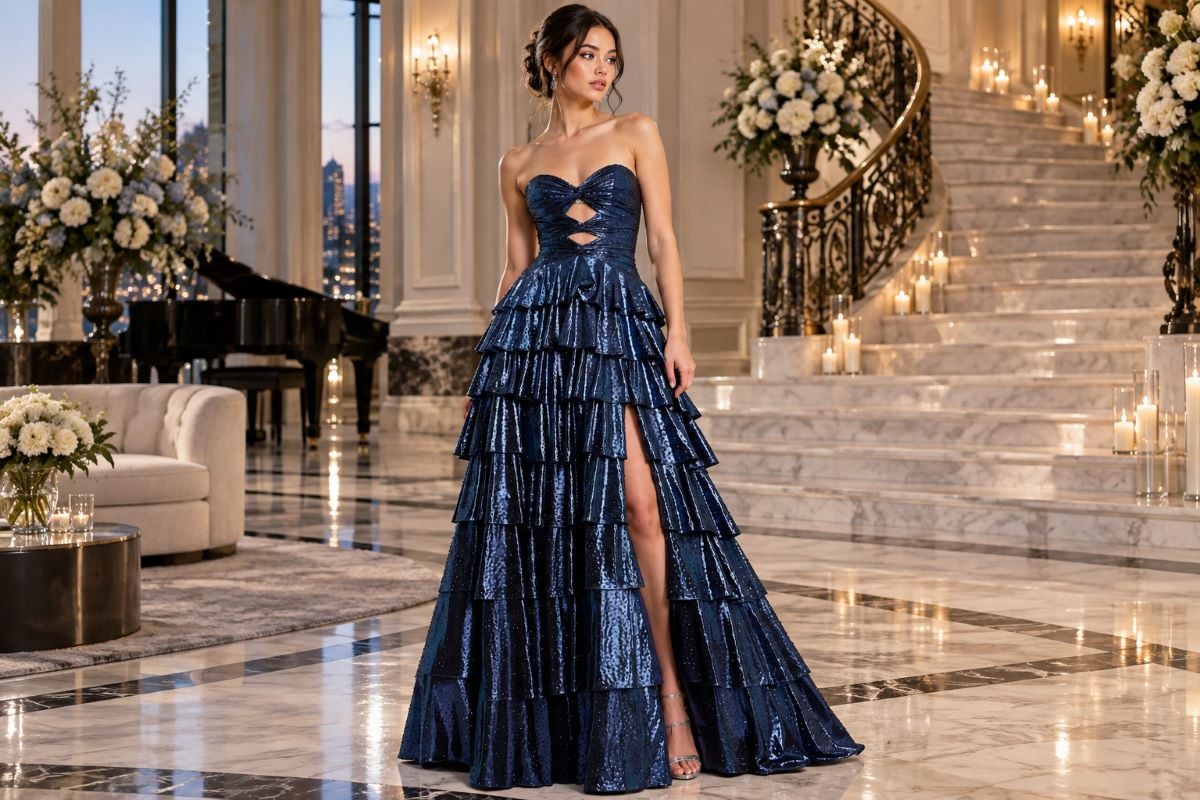 Luxury navy layered prom gown editorial look