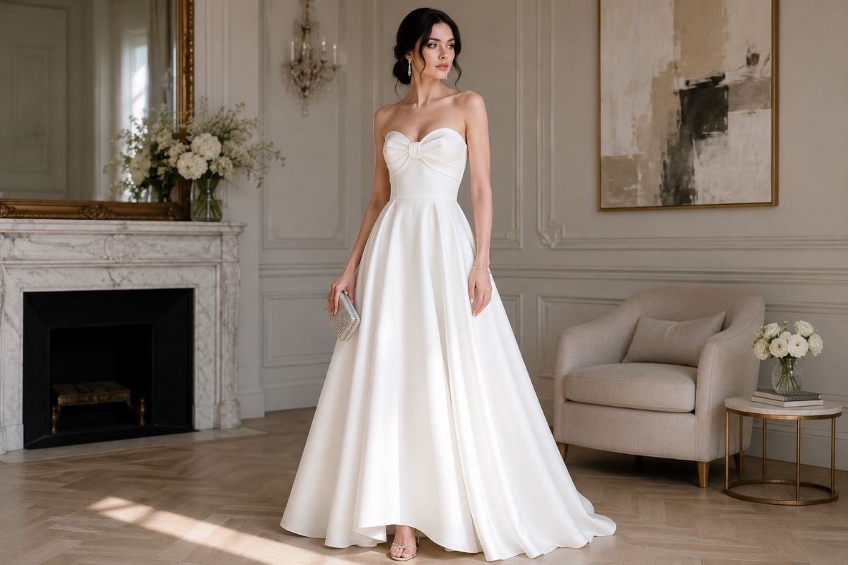 Woman in ivory satin strapless A-line gown with luxury wedding guest accessories