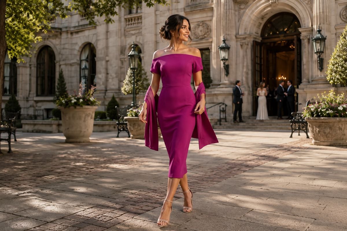 Elegant magenta courthouse wedding guest dress