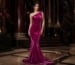 Magenta velvet mermaid evening gown editorial look