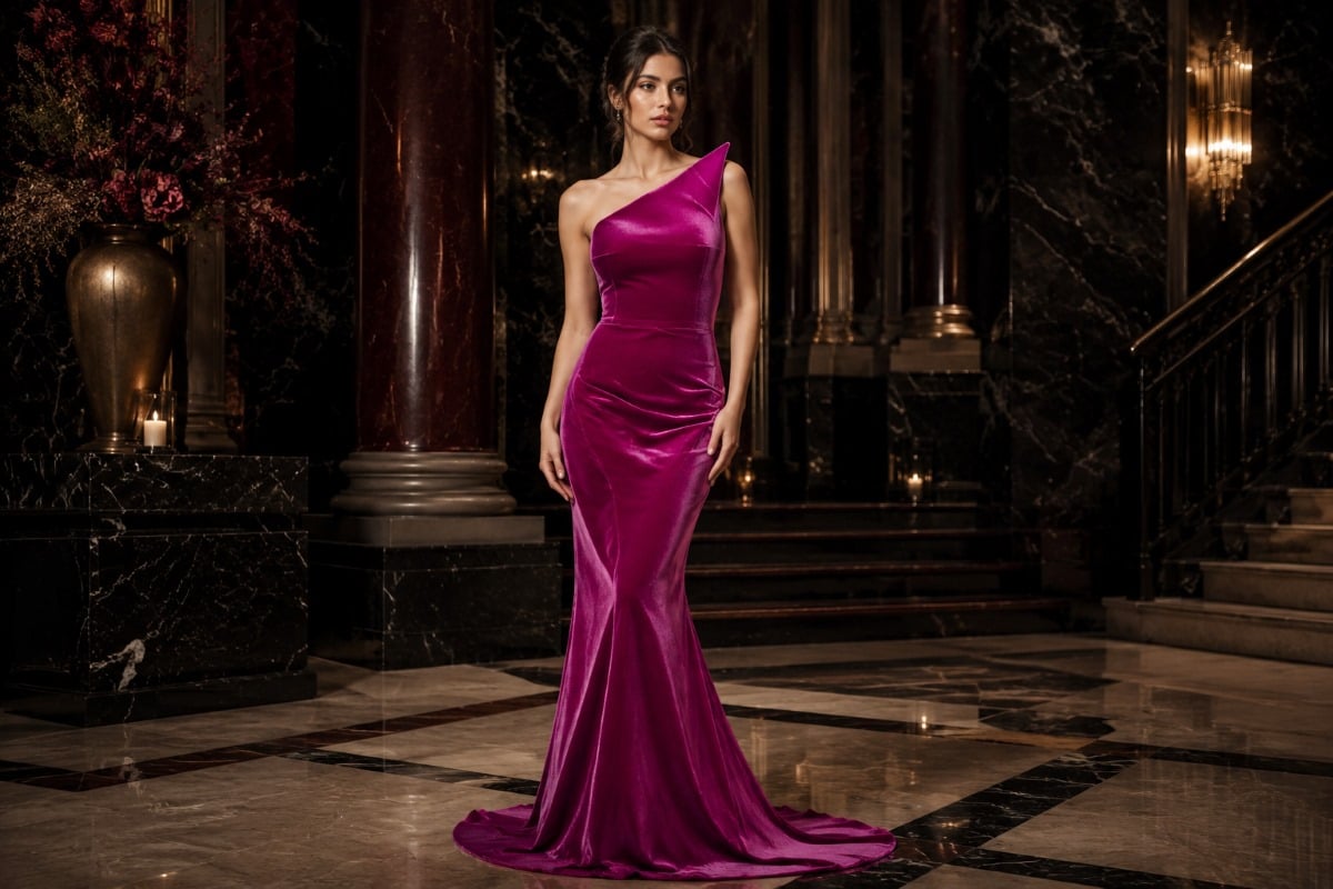 Magenta velvet mermaid evening gown editorial look