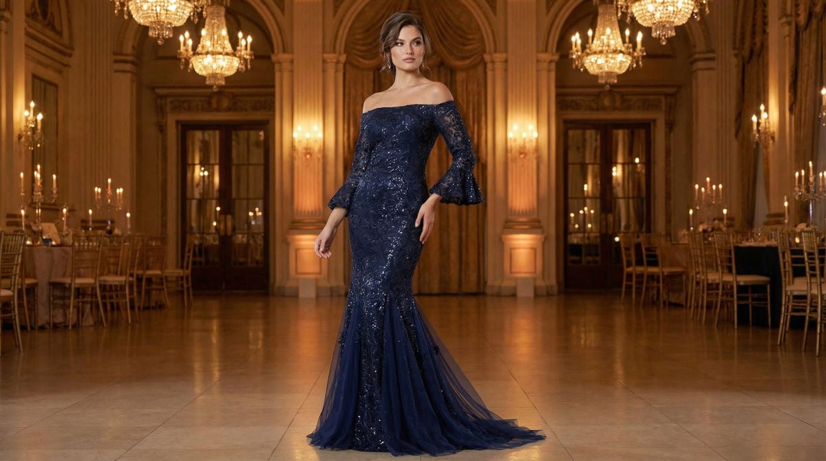Woman in navy evening dress