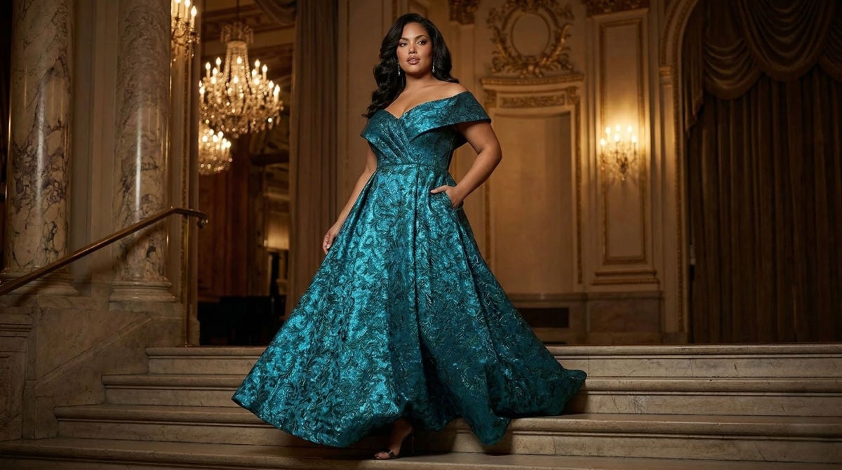 Plus-size woman in teal evening dress