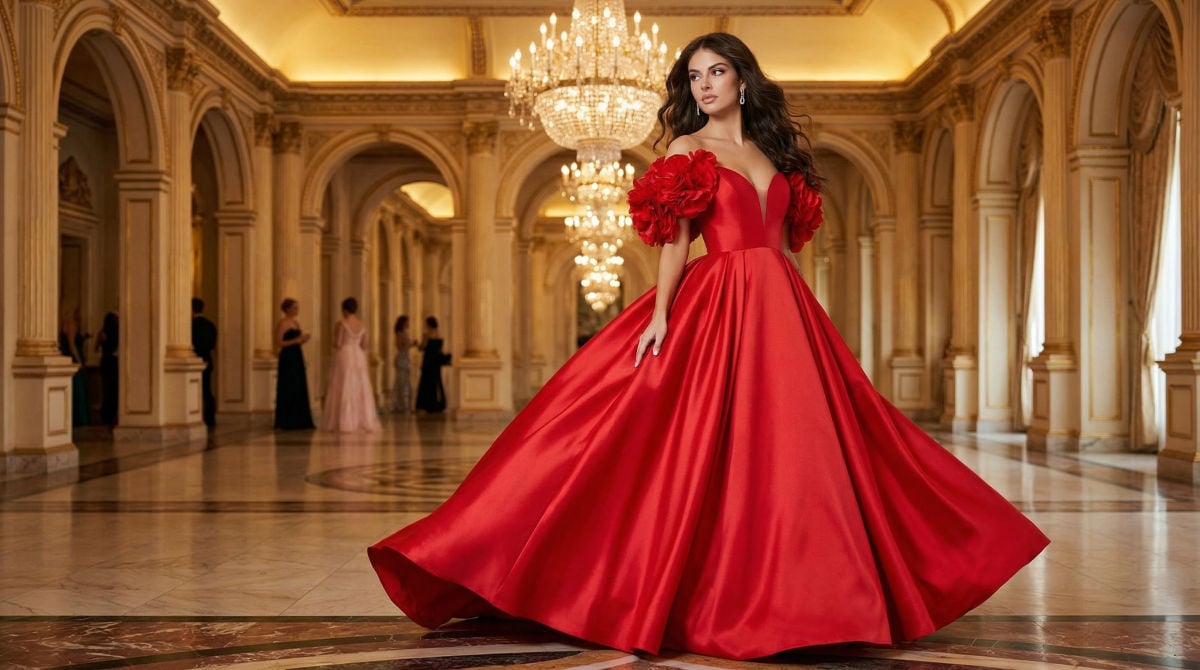 Elegant woman in a red floral sleeve gown