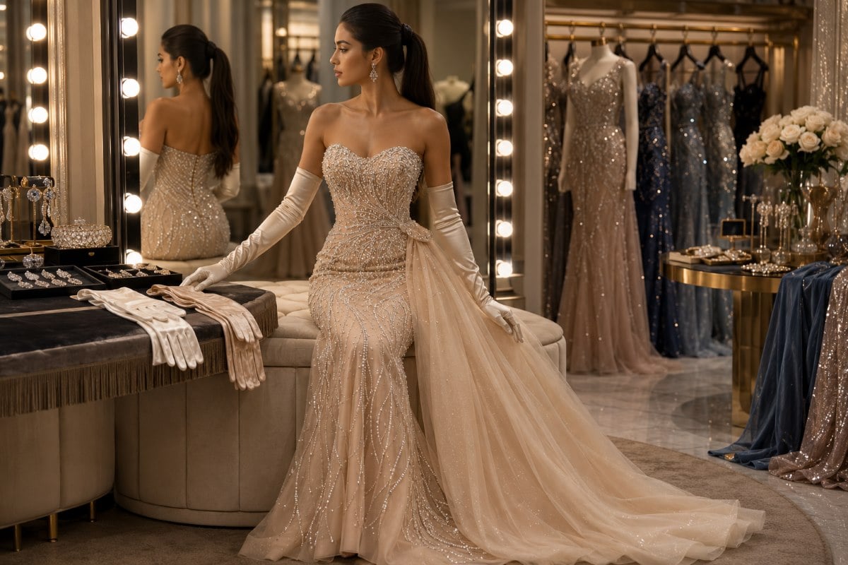 Pageant contestant matching opera gloves to evening gown