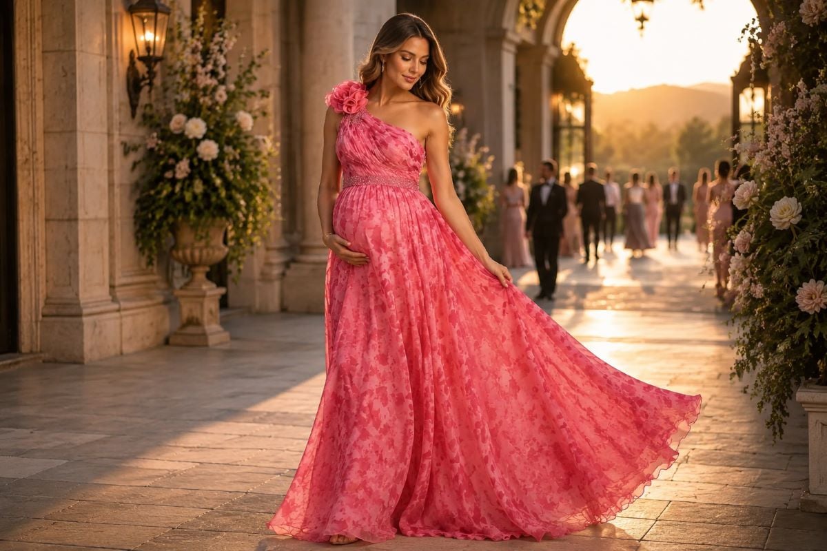 Pregnant woman wearing pink empire waist evening gown