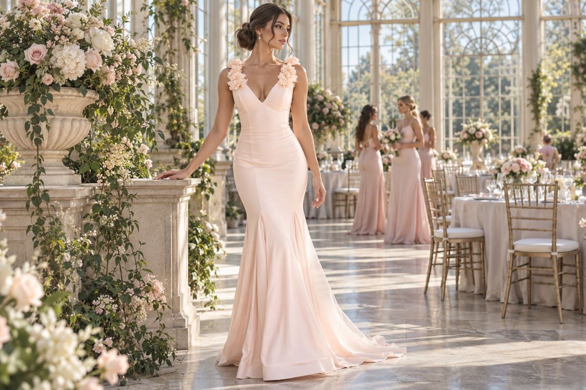 Matte blush bridesmaid gown wedding editorial