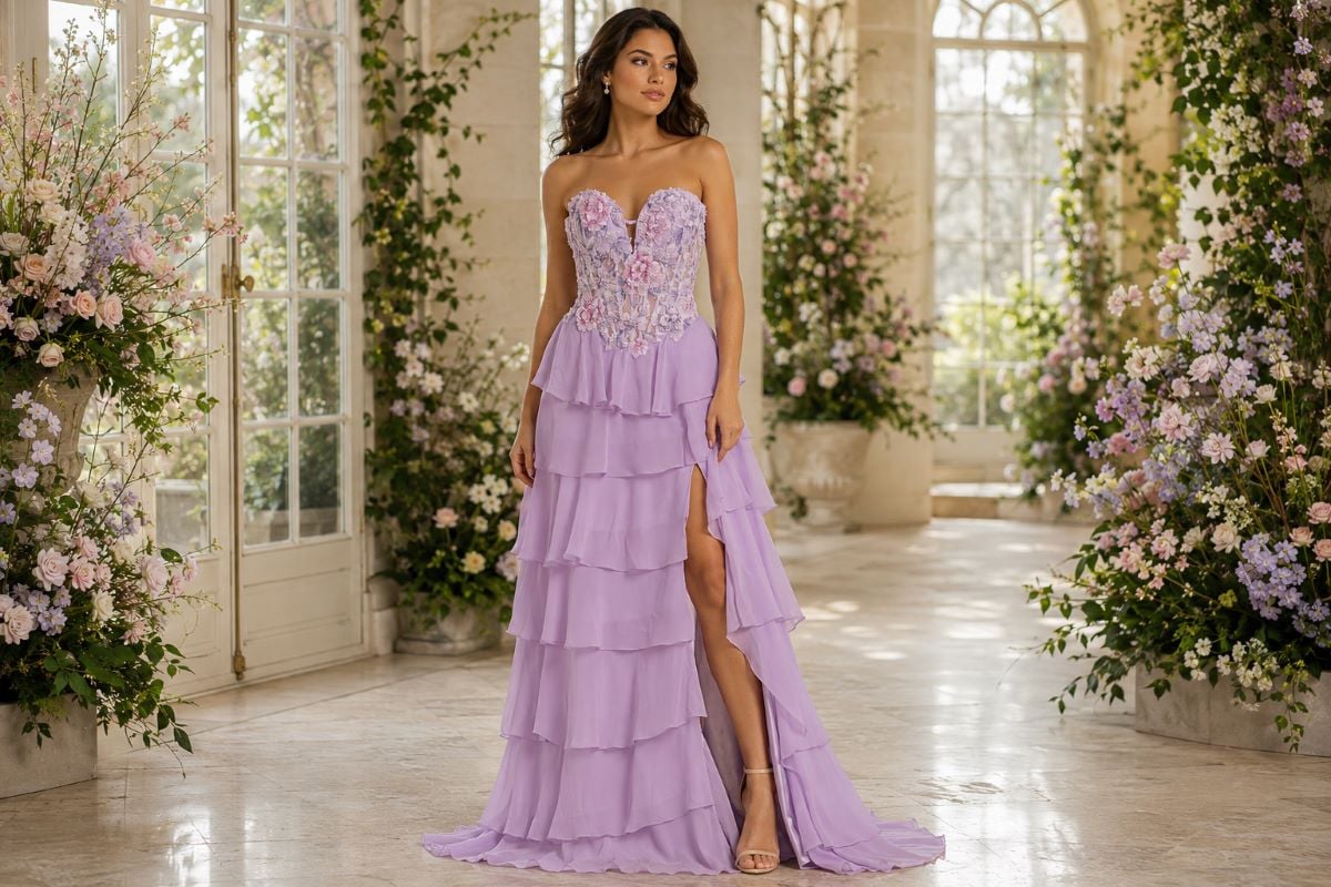 Matte chiffon mother of the bride gown with layered ruffle skirt