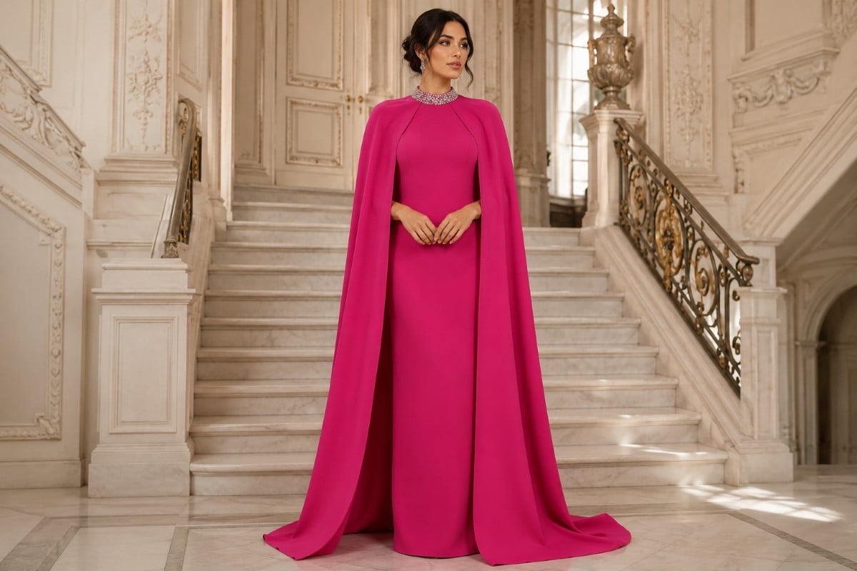 Matte crepe mother of the bride gown with dramatic cape silhouette