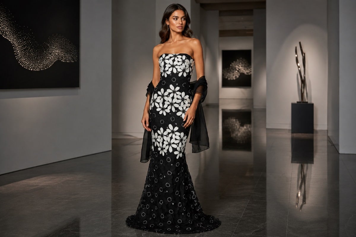 Matte floral couture gown with subtle sparkle