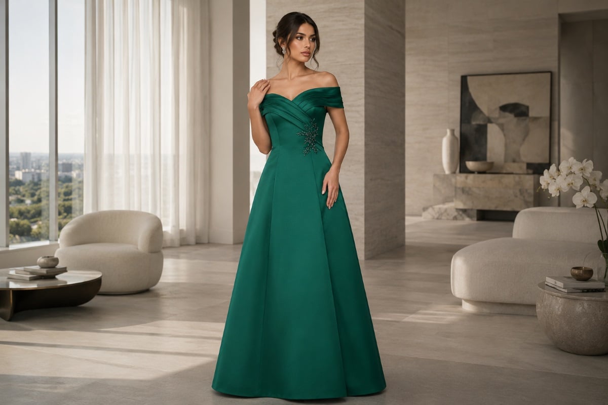 Matte mikado evening gown in luxury penthouse