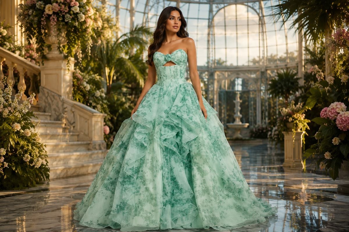 Voluminous floral organza maximalist prom ball gown