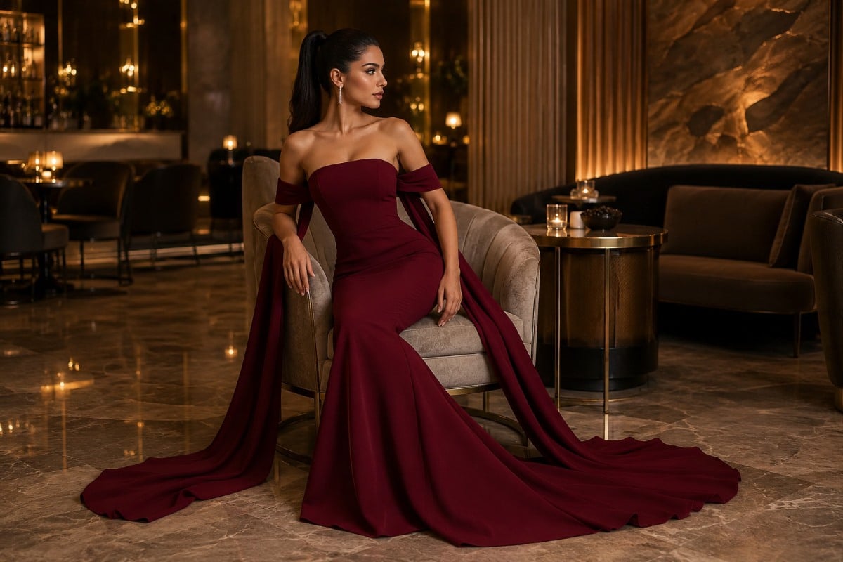 Woman seated correctly in burgundy mermaid gown