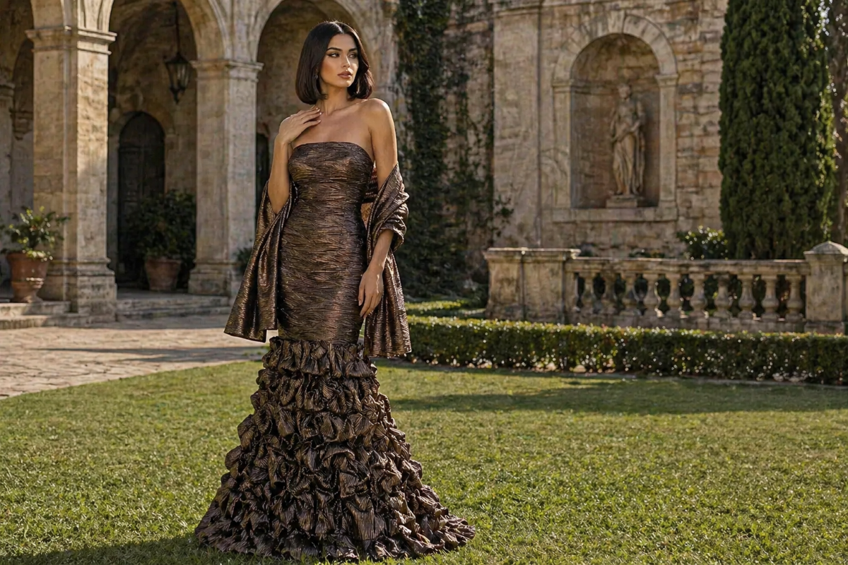 Metallic brown strapless ruffle evening gown