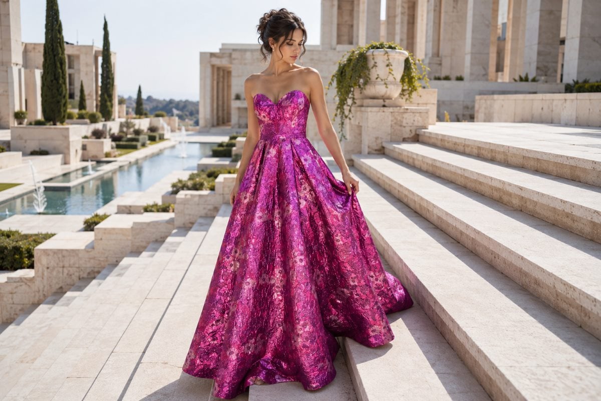 Metallic fuchsia brocade structured ball gown