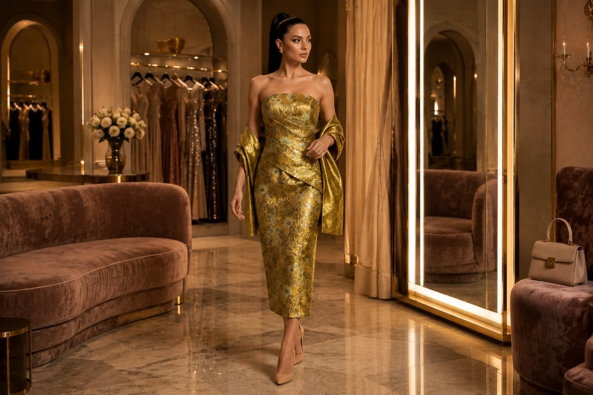 Metallic gold mother of bride midi dress