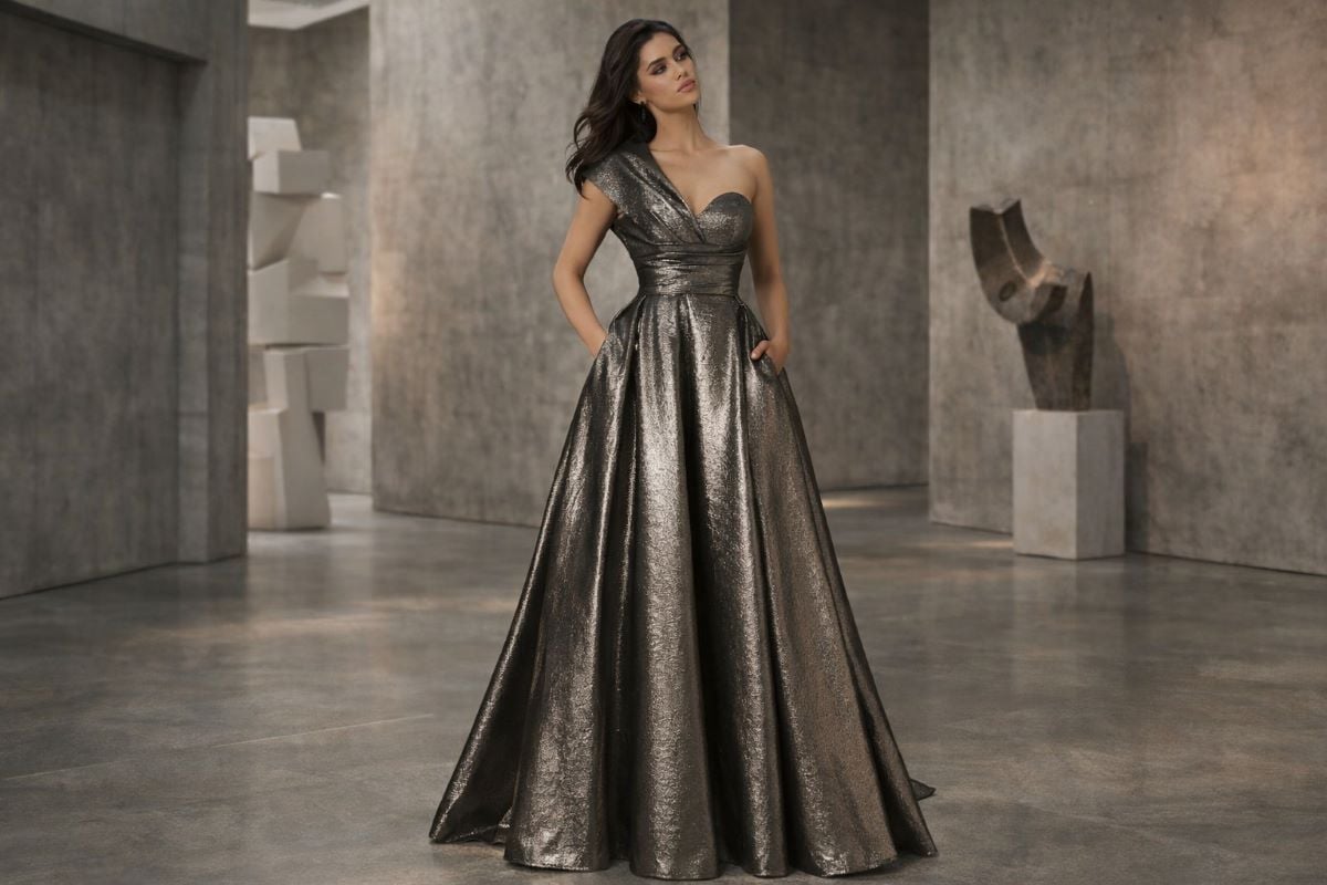 metallic gunmetal bronze ball gown evening dress