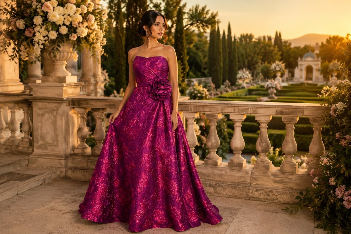 Metallic magenta fit and flare gown